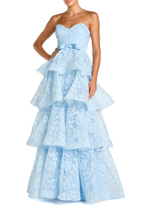Strapless Floral Organza Tiered Gown with Bow