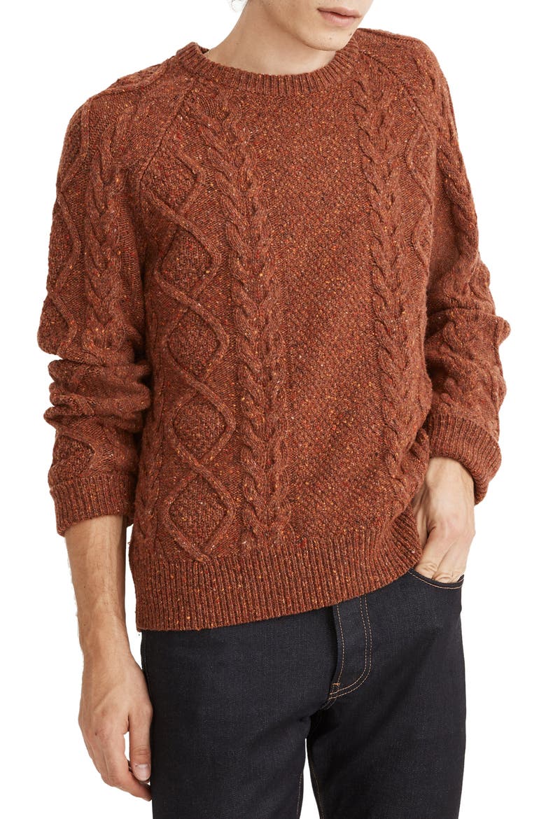 Donegal Cable Knit Fisherman Sweater, Main, color, WARM SEPIA DONEGAL