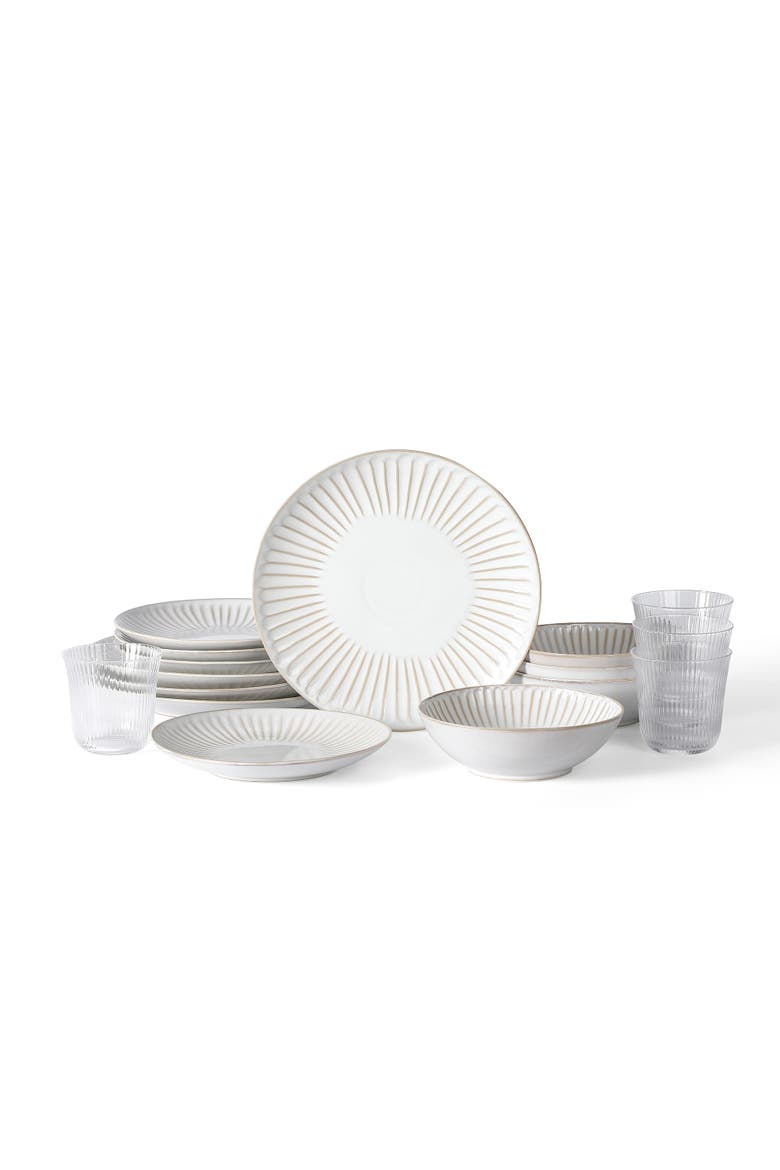 Linea Stoneware 16-Piece Dinnerware Set with Glasses, Main, color, White