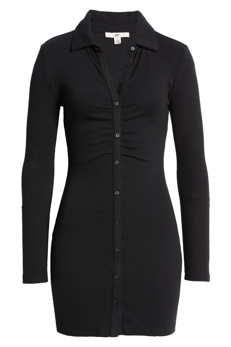 Ruched Long Sleeve Rib Shirtdress, Alternate, color, BLACK