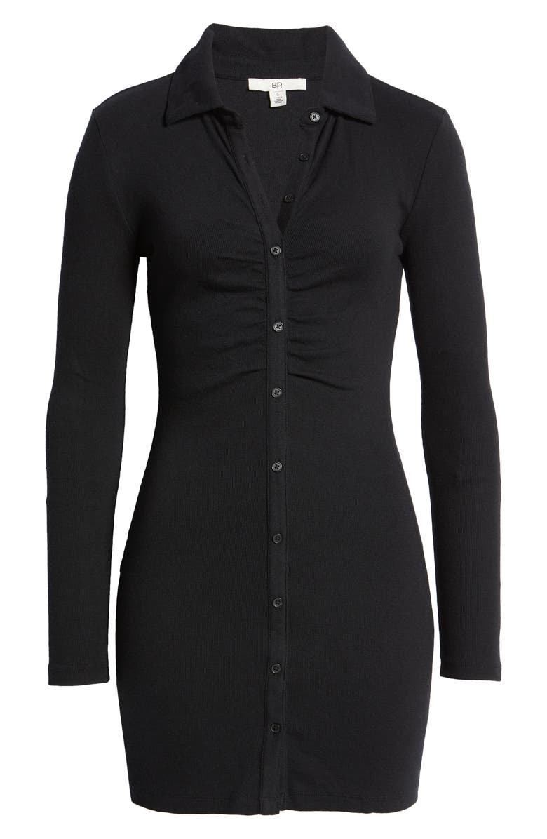 BP. Ruched Long Sleeve Rib Shirtdress, Alternate, color,
