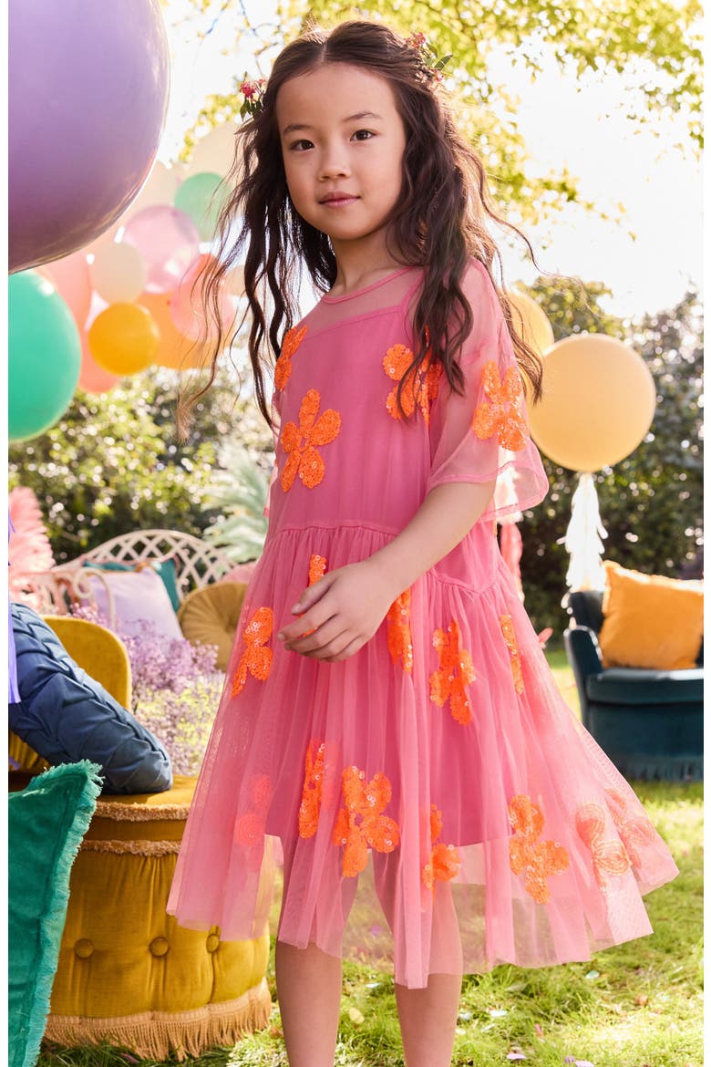Kids' Flower Sequin Dress, Alternate, color, PINK/ ORANGE