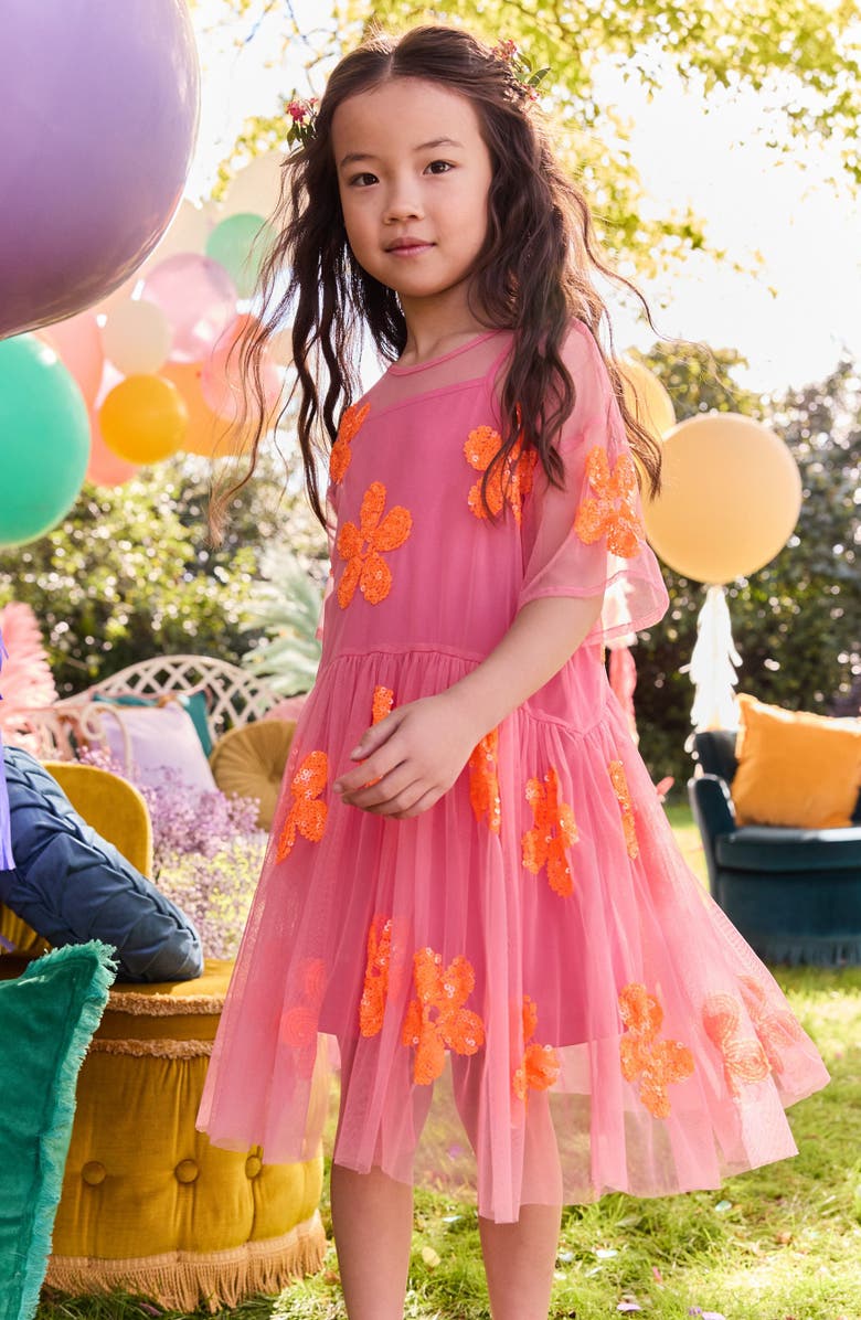 NEXT Kids' Flower Sequin Dress, Alternate, color, Pink/ Orange