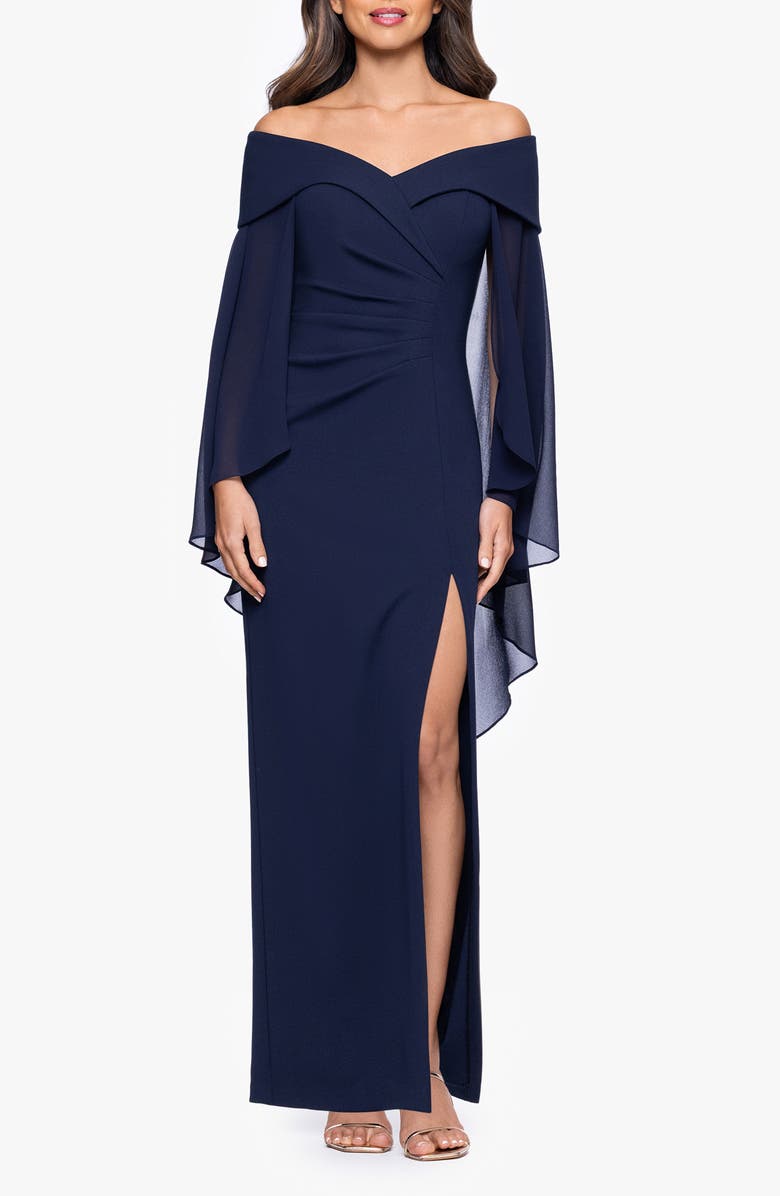 Xscape Evenings Off the Shoulder Capelet Cocktail Dress, Main, color, Navy