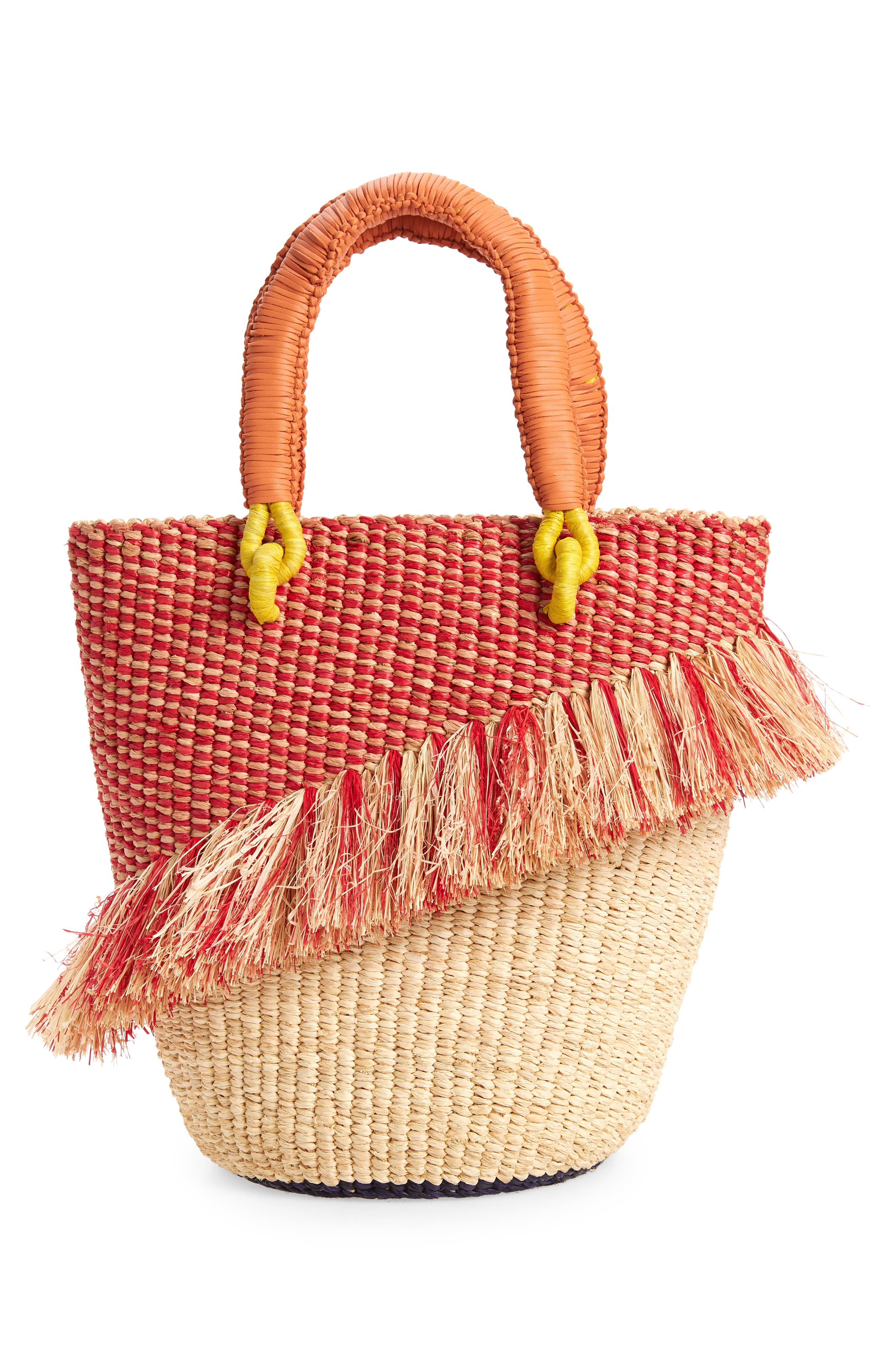 Tia Woven Raffia Bucket Bag, Alternate, color, NATURAL/ RED