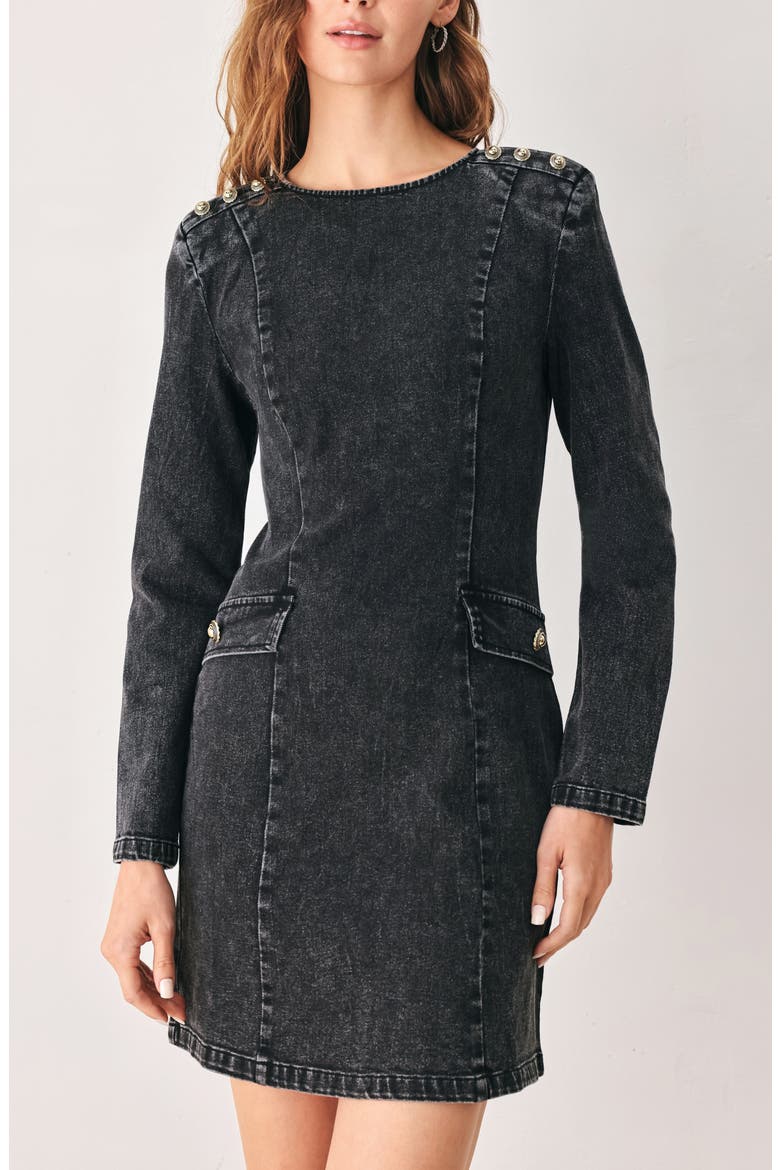 Long Sleeve Washed Denim Minidress, Alternate, color, BLACK