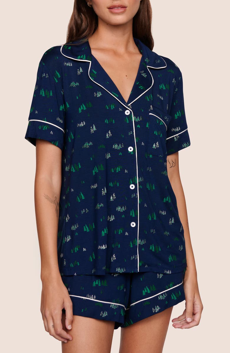 Eberjey Gisele Printed Relaxed Jersey Knit Short Pajamas, Main, color, Forest Pine Navy/ Ivory