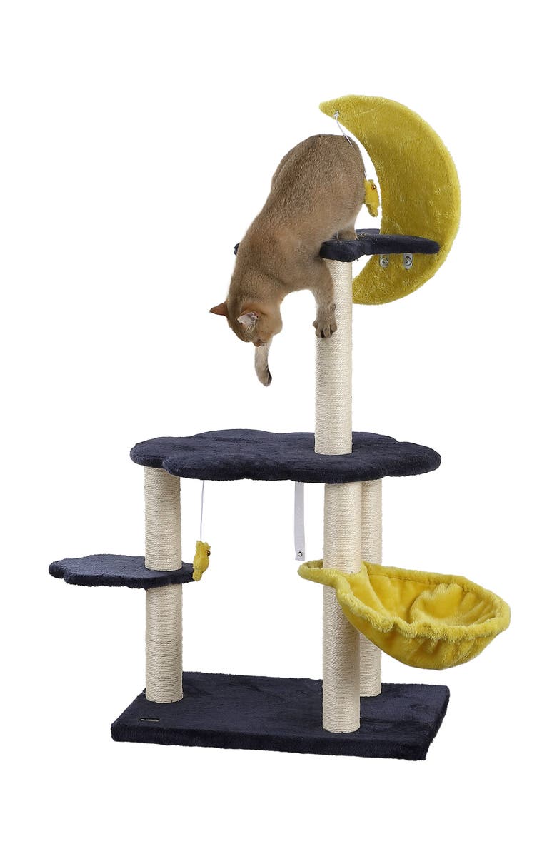 The Licker Store Aurora 49" 3-Tier Modern Sisal Moon And Stars Cat Tree with Scratching Posts, Main, color, Navy/Yellow/White