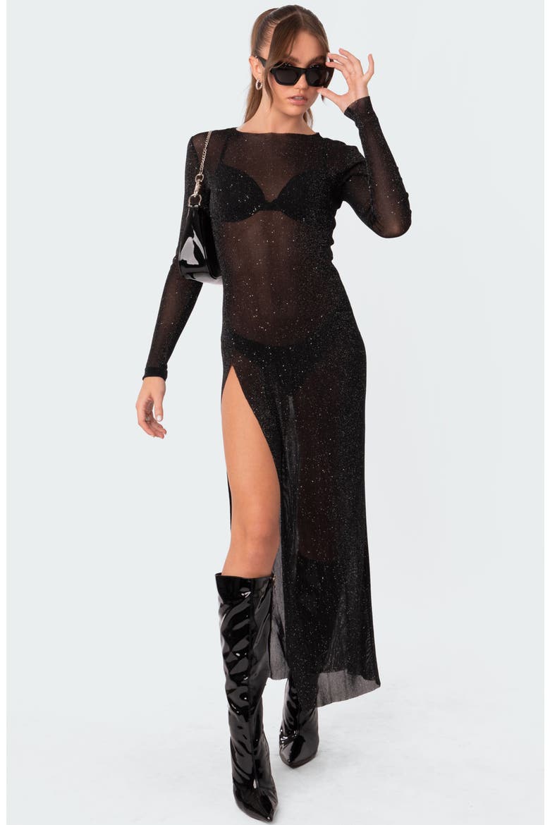 Glitter Mesh Slit Maxi Dress, Alternate, color, BLACK