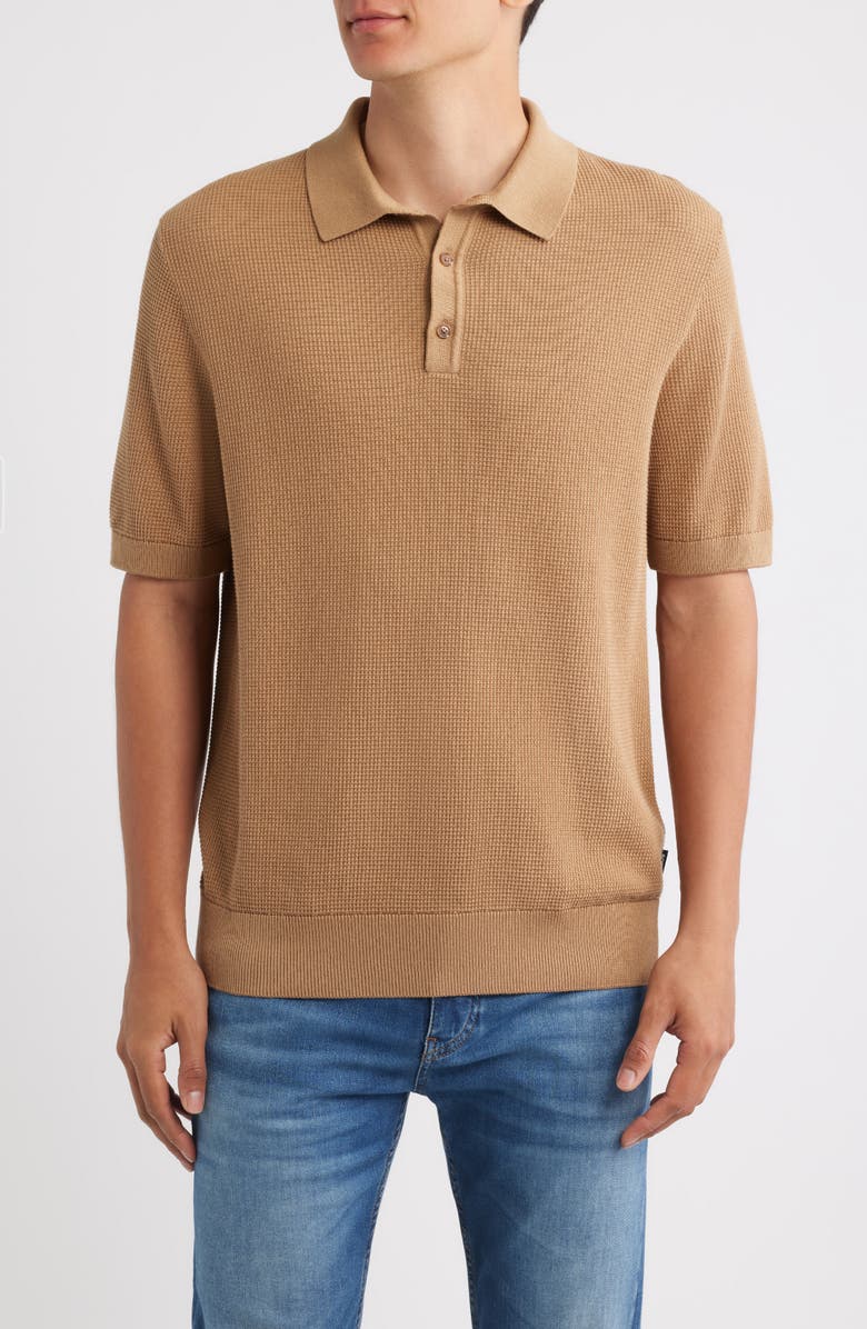 BOSS Lancio Solid Cotton Waffle Polo Sweater, Main, color, Open Beige