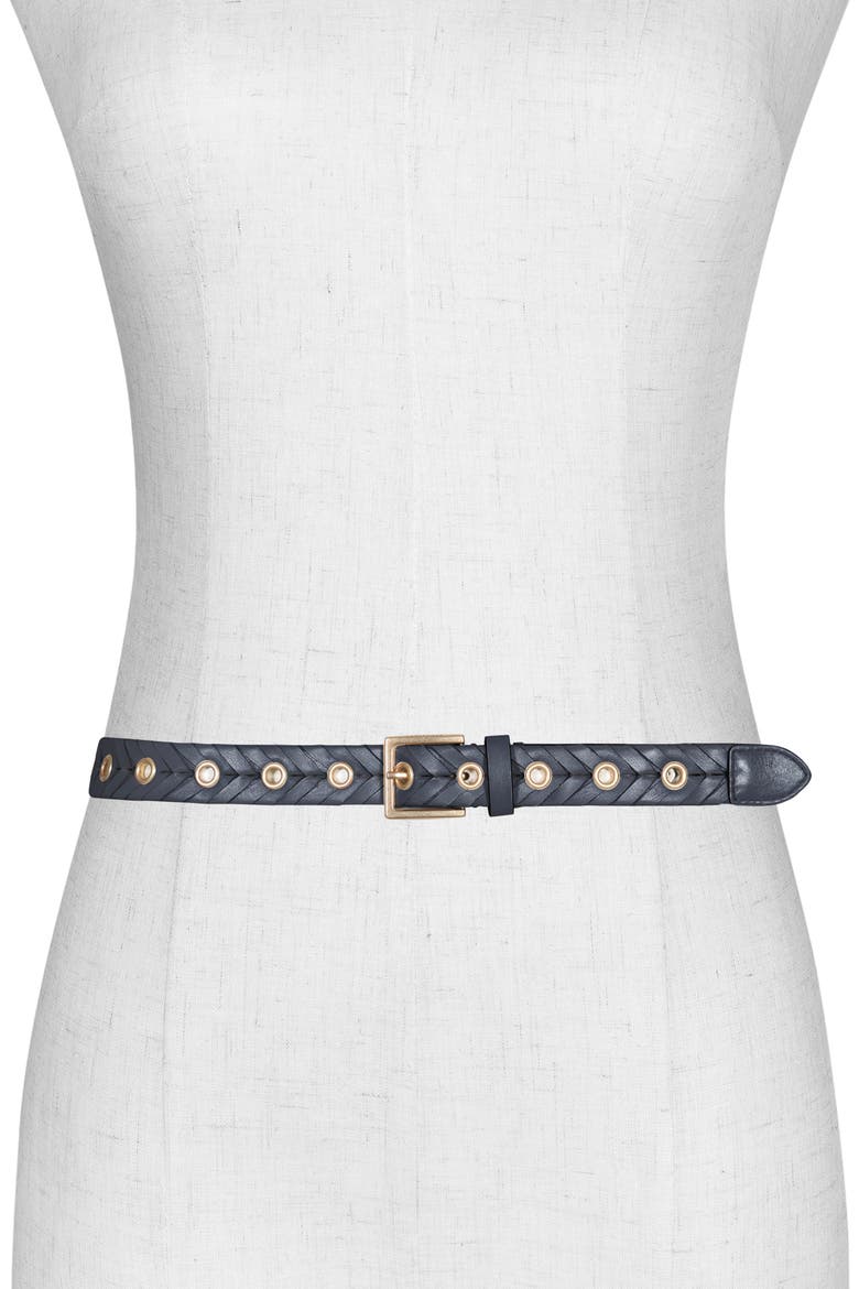 Woven Leather Eyelet Belt, Alternate, color, BLACK / WARM BRASS