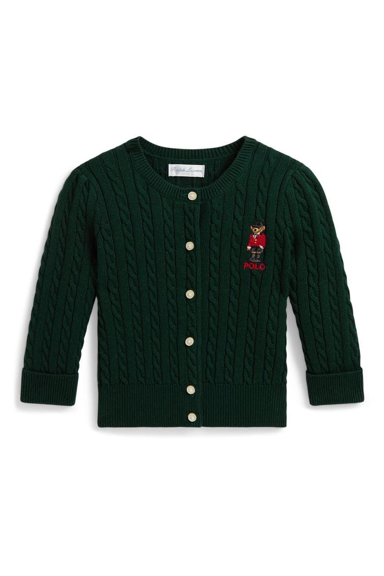 Polo Bear Mini Cable Knit Cotton Cardigan, Main, color, MOSS AGATE