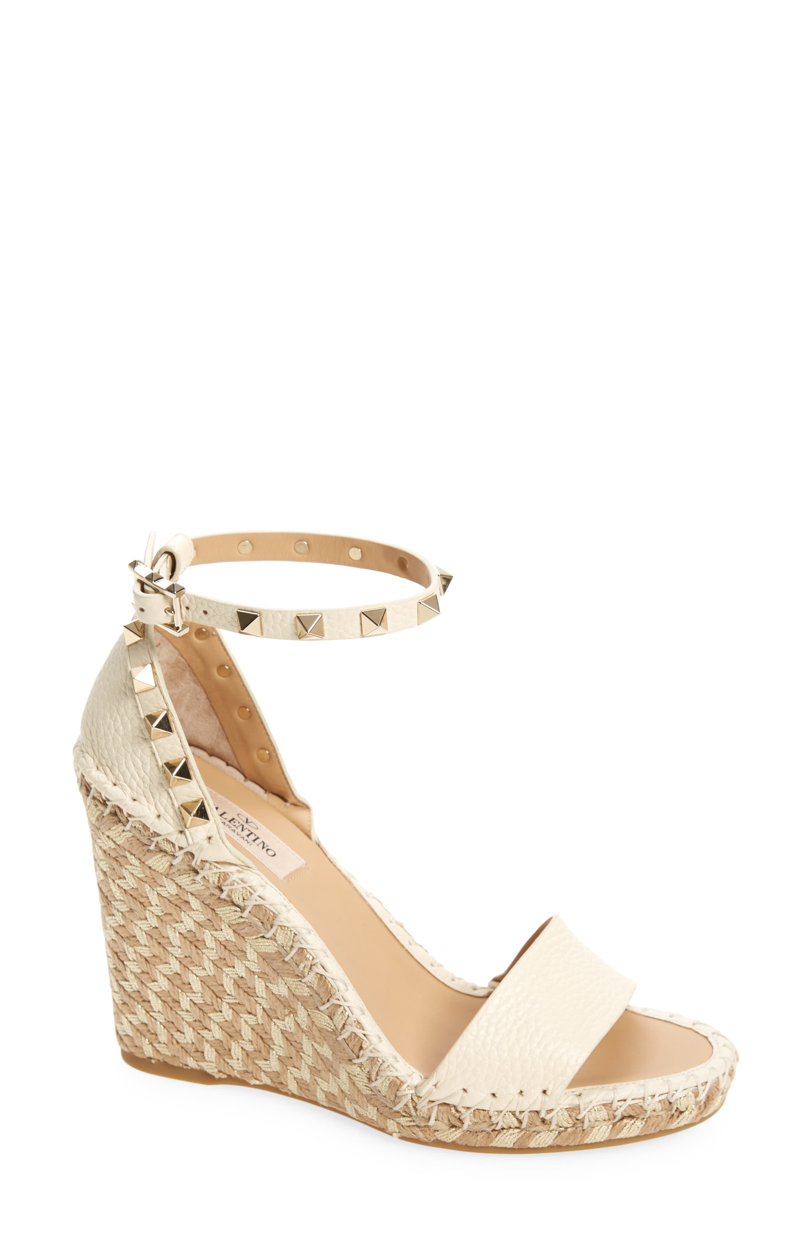 Valentino Rockstud Espadrille Wedge Sandal, Main, color, IVORY