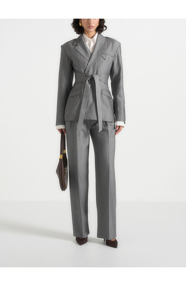 Manière De Voir Delphine Pinstripe Wrap Tie Blazer, Alternate, color, Grey
