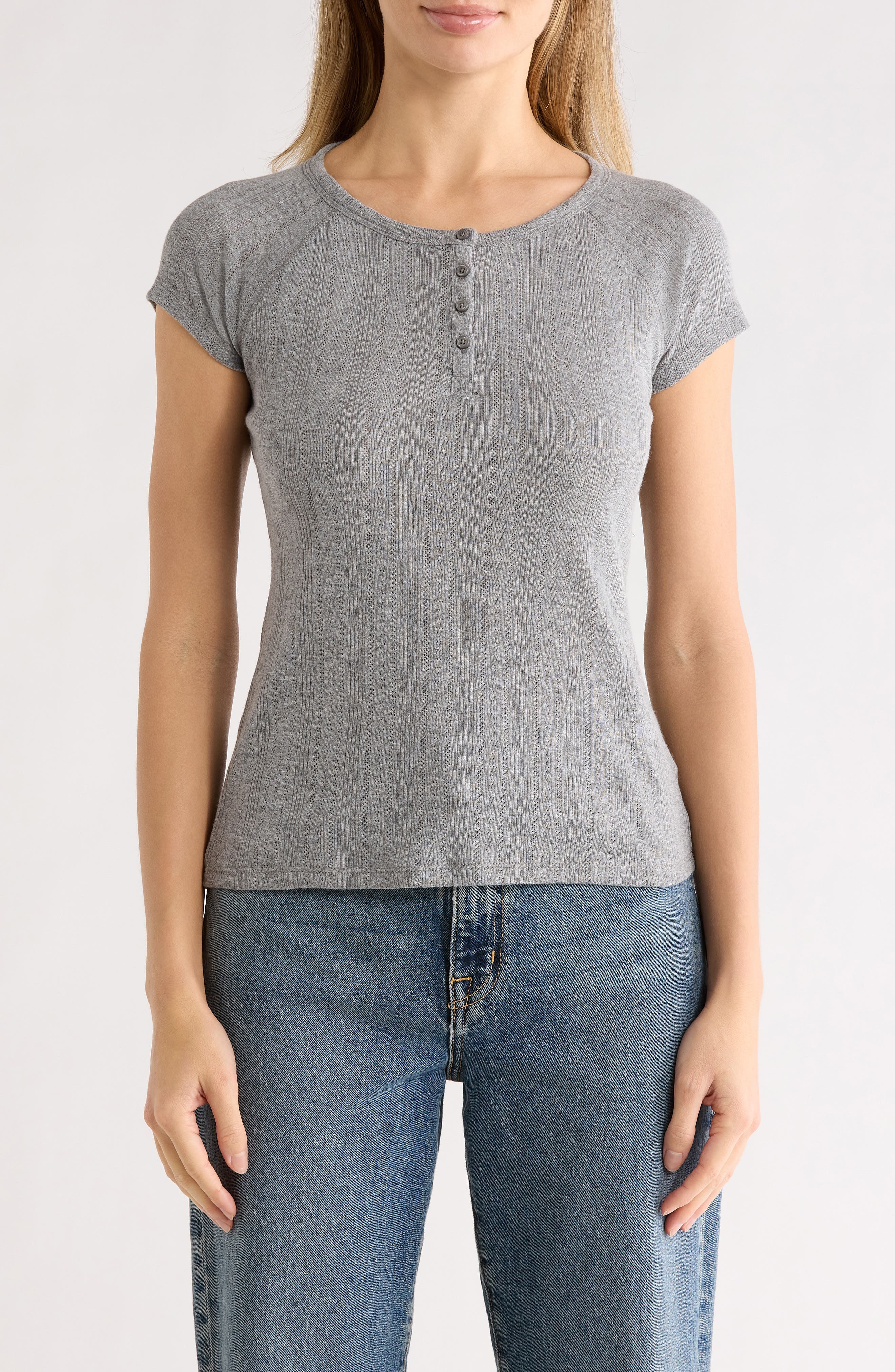 Lucky Brand Pointelle Cap Sleeve Cotton Blend Henley