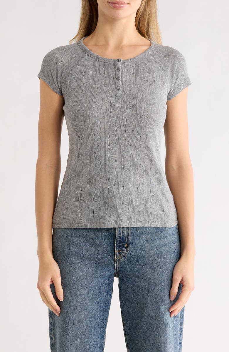 Lucky Brand Pointelle Cap Sleeve Cotton Blend Henley, Main, color, Medium Heather Grey
