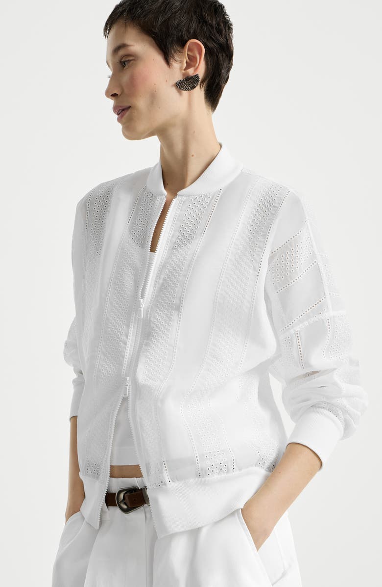 Brunello Cucinelli Broderie anglaise bomber jacket, Alternate, color, White