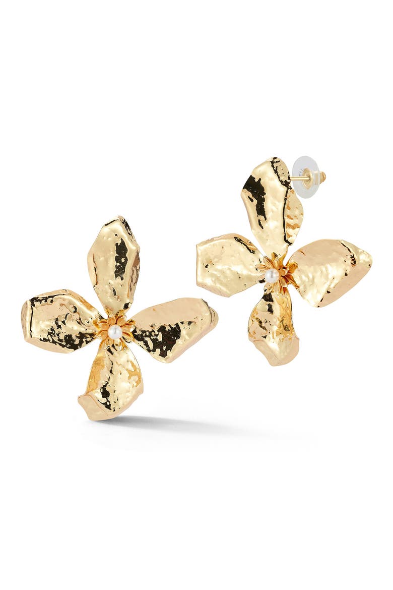 Hammered Faux Pearl Flower Stud Earrings, Main, color, GOLD
