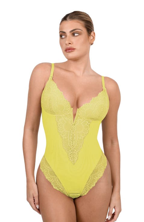 Plus Size Shapewear Lace Deep V-Neck Sculpting Thong Bodysuit