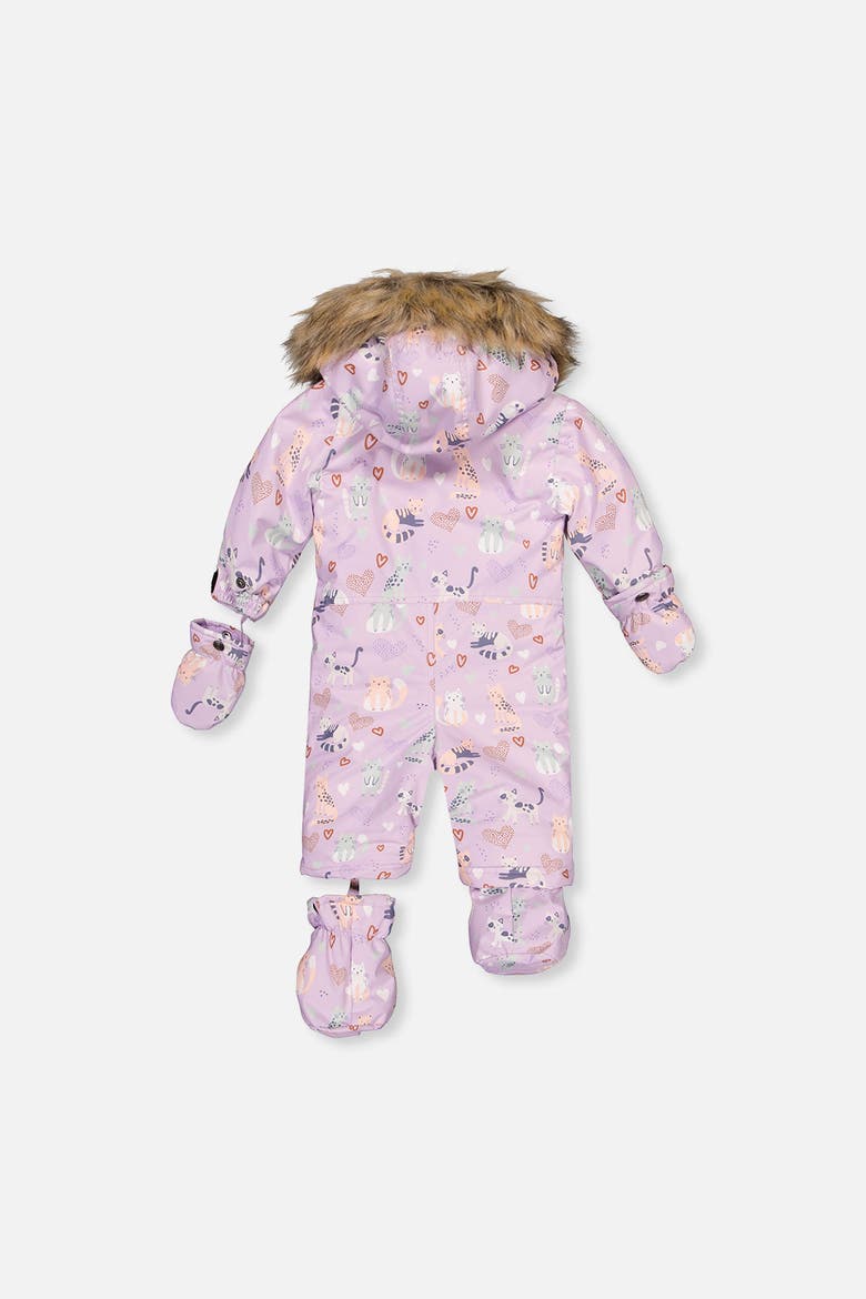 Play Cat Faux Fur Hood Car Seat One Piece Snowsuit, Alternate, color, Purple Printed Cats