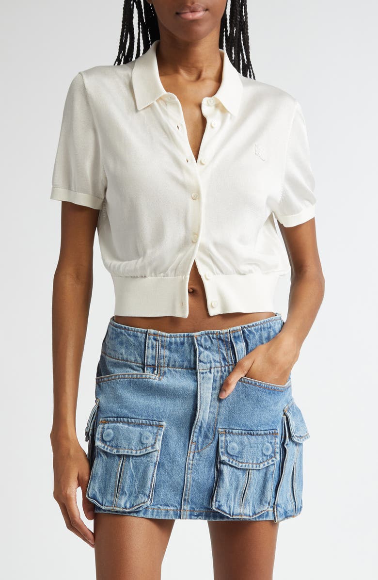 Alexander Wang Logo Embroidered Short Sleeve Crop Cardigan, Main, color, 