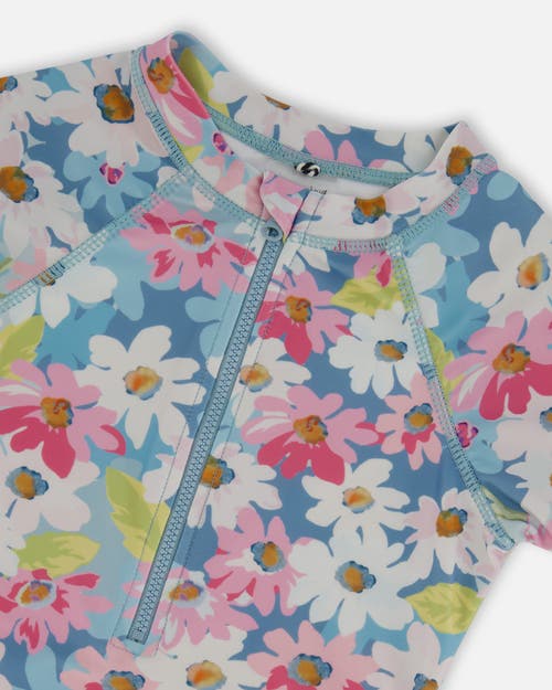 Deux Par Deux Girl's Printed Short Sleeve One-piece Swimsuit With Frills White, Pink, And Green Flow In Blue