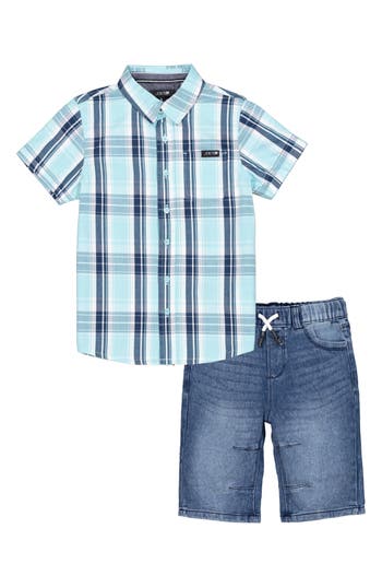Joe's Jeans Plaid Short Sleeve Button-up Shirt & Denim Shorts Set In Blue