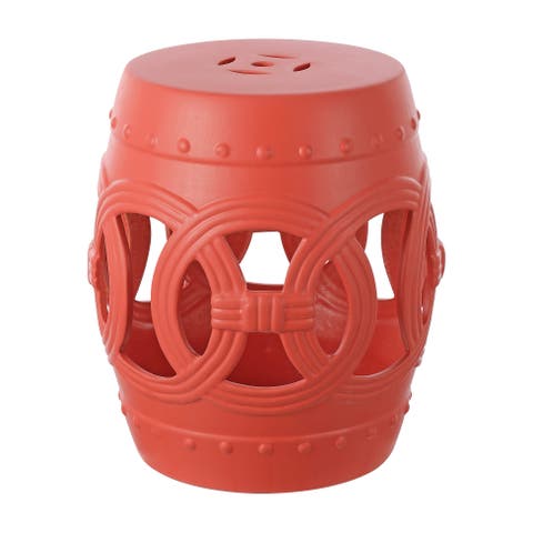 Lucky Coins Contemporary Ceramic Cutout Interlocking Rings Drum Garden Stool, Indoor & Outdoor Accent Side Table, Seat