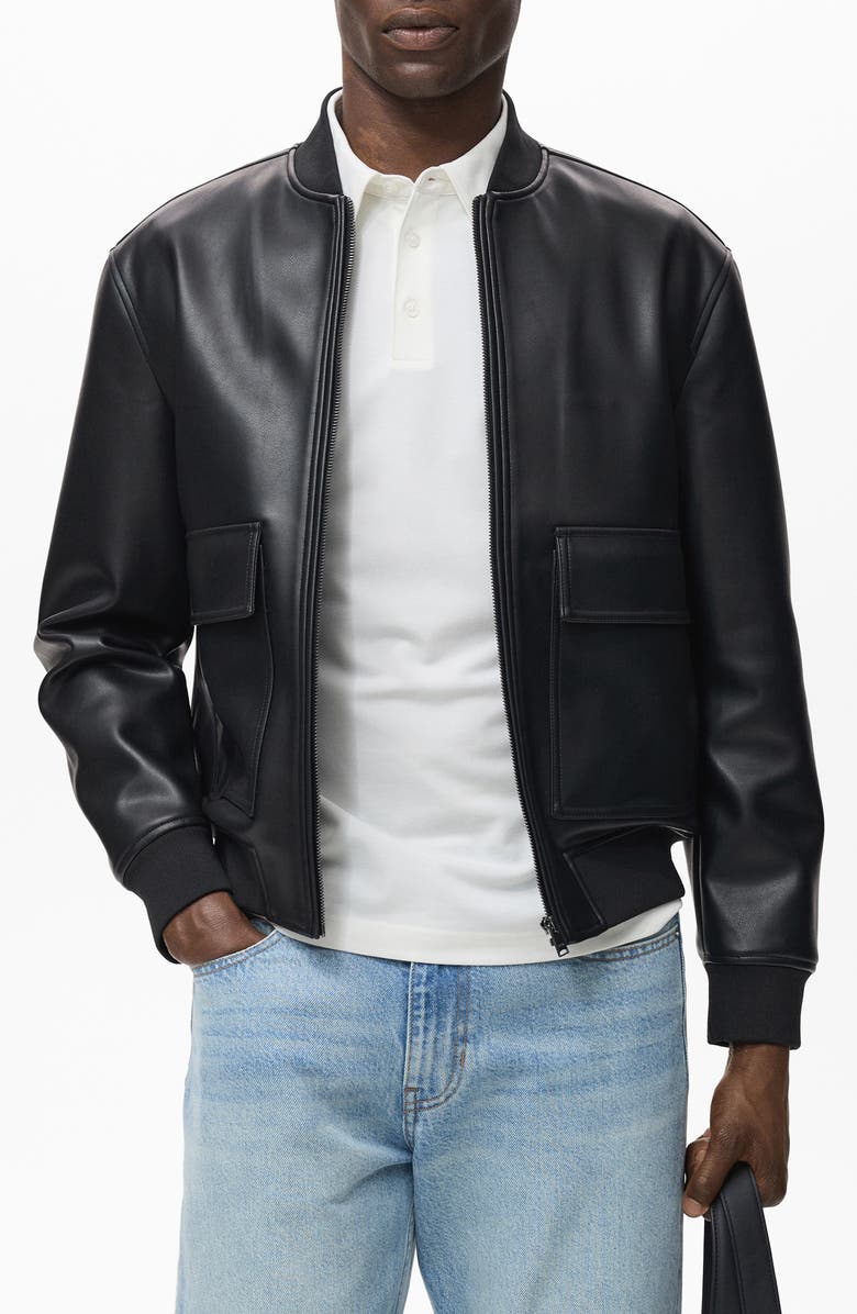 MANGO Faux Leather Bomber Jacket, Main, color, Black