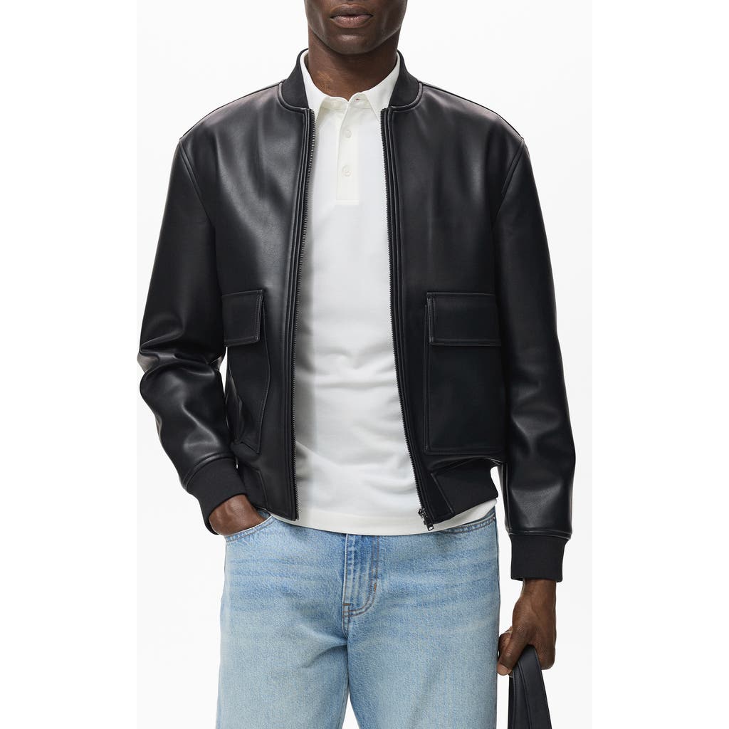 Mango Faux Leather Bomber Jacket In Blue