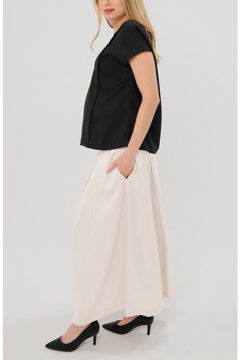 Women's Over-Under Bump Pleated Maternity Maxi Skirt in Cream Satin, Alternate, color, Cream