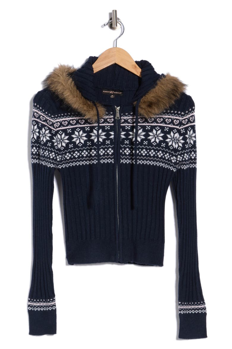 Faux Fur Trim Jacquard Hooded Cardigan, Alternate, color, NAVY COMBO