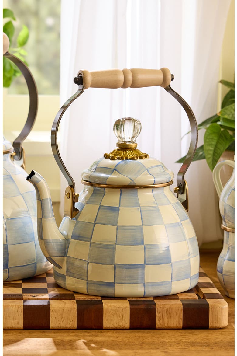 Sky Check Enameled Steel 2-Quart Tea Kettle, Alternate, color, SKY CHECK