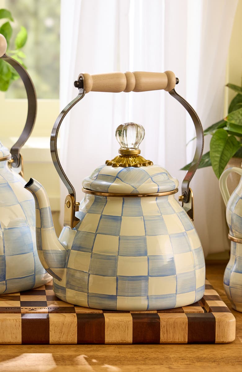 MACKENZIE CHILDS Sky Check Enameled Steel 2-Quart Tea Kettle, Alternate, color, Sky Check