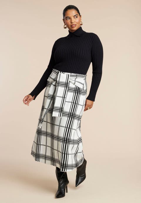Plaid Midi Sweater Skirt With Sleeve Ties (Plus)