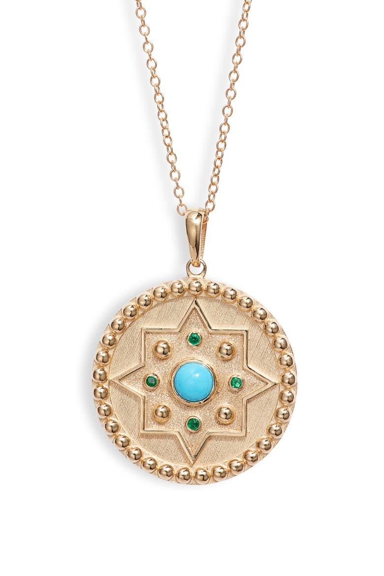 Dew Drop Mayan Turquoise & Emerald Disc Pendant Necklace, Main, color, GOLD