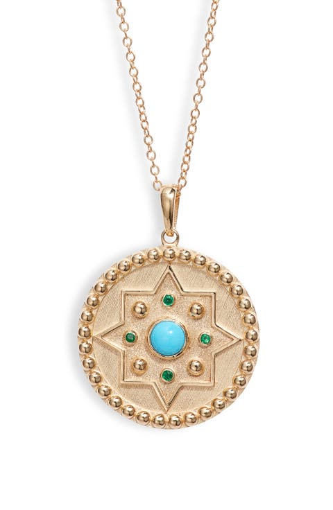 Dew Drop Mayan Turquoise & Emerald Disc Pendant Necklace