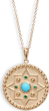 Anzie Dew Drop Mayan Turquoise & Emerald Disc Pendant Necklace
