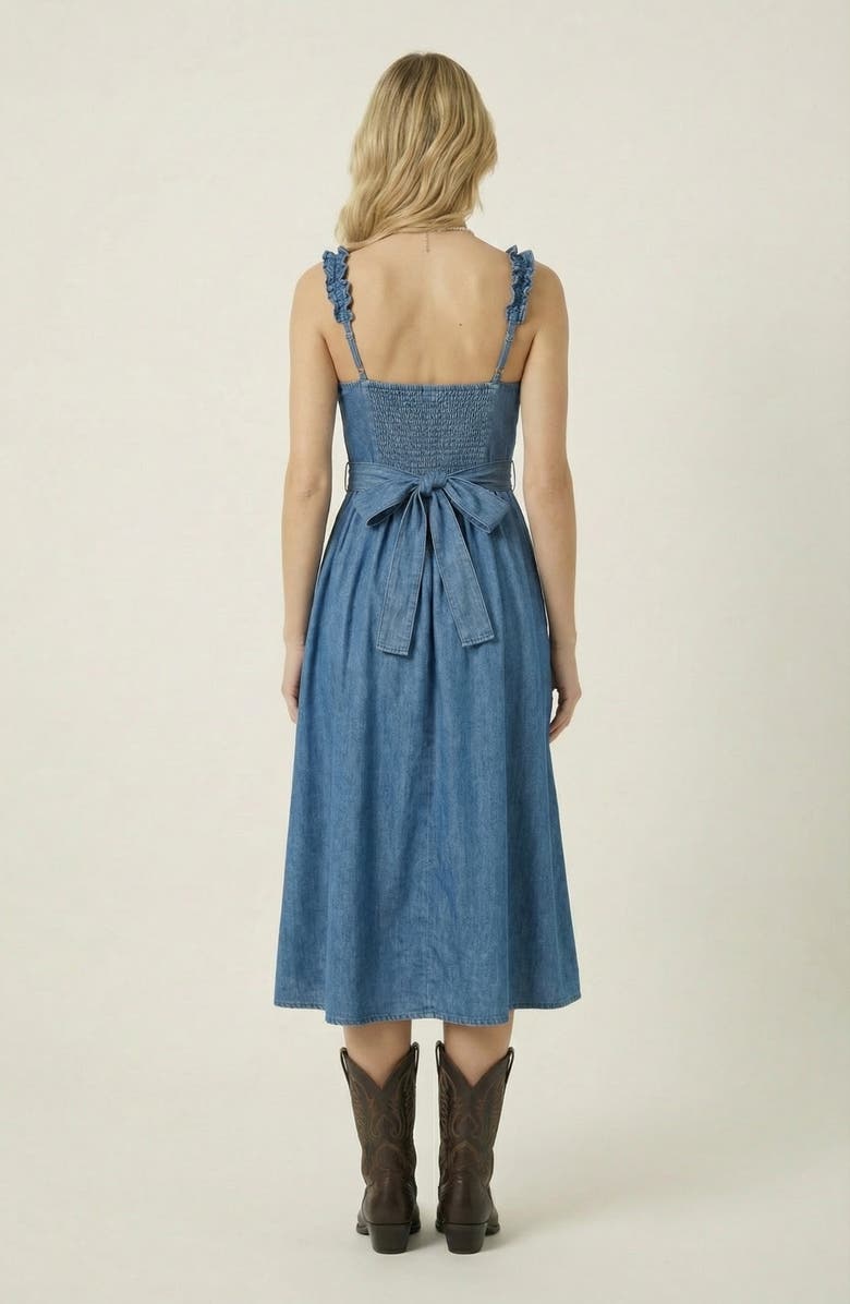 Modenaire Smocked Bodice Midi Dress with Ruffled Straps, Alternate, color, Medium Wash Blue