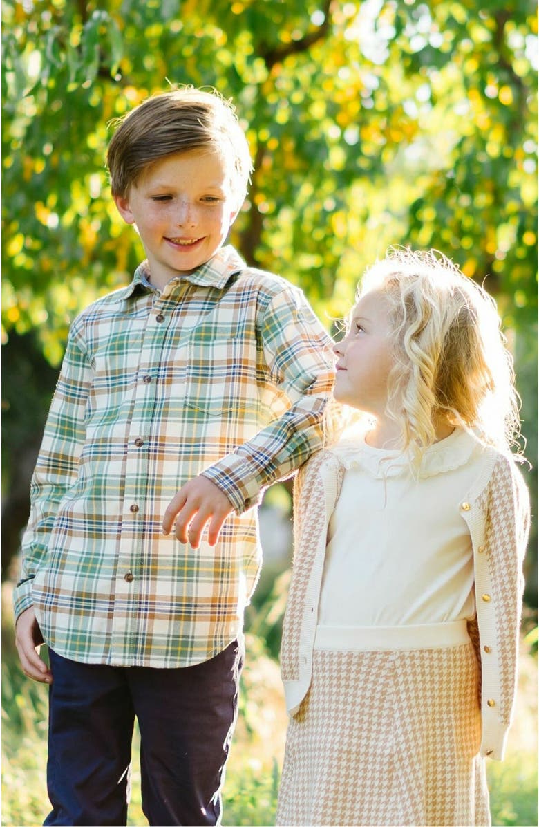 Hope & Henry Boys' Organic Flannel Shirt, Kids, Alternate, color, Camel And Green Plaid