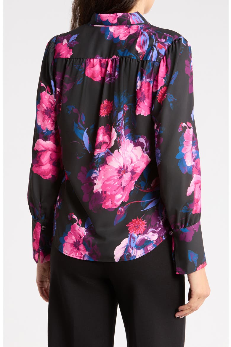 Glowing Floral Tie Neck Top, Alternate, color, BLACK