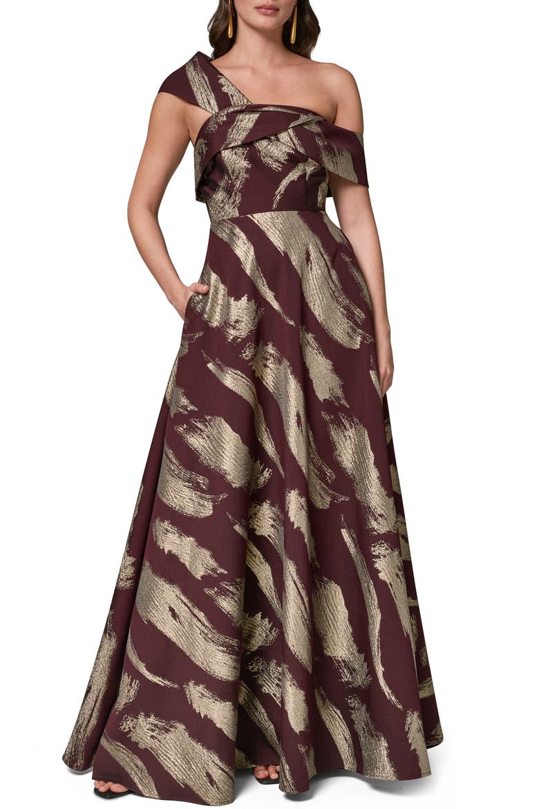 Metallic Abstract Print One-Shoulder Gown, Main, color, PRUNE/ PALE