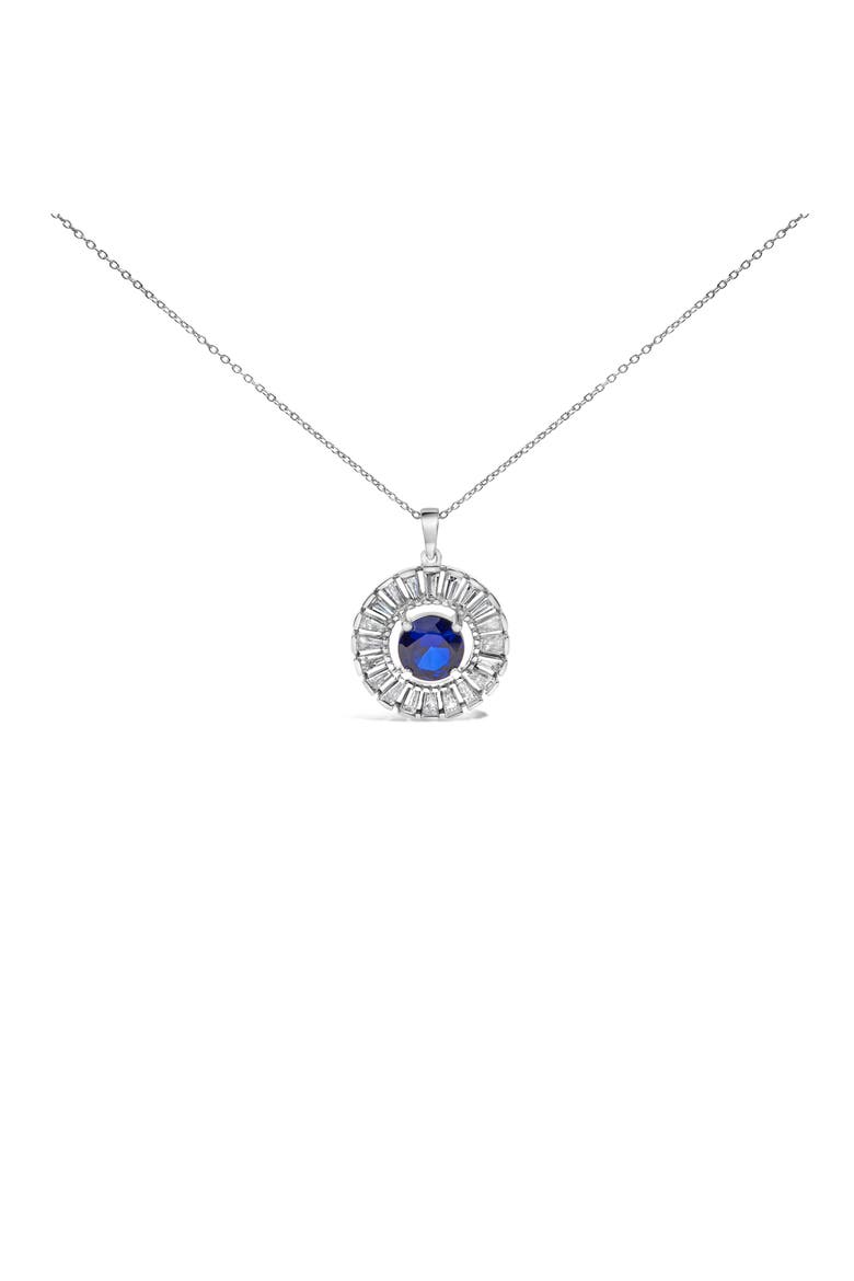 Sterling Silver Lab Grown Sapphire and Baguette Diamond Medallion Pendant Necklace, Main, color, Silver