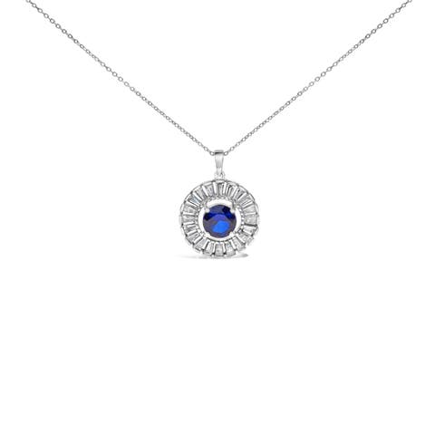 Sterling Silver Lab Grown Sapphire and Baguette Diamond Medallion Pendant Necklace