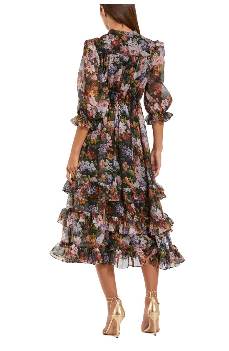 Mac Duggal Chiffon 3/4 Sleeve A Line Midi Dress With Ruffles, Alternate, color, Black Multi