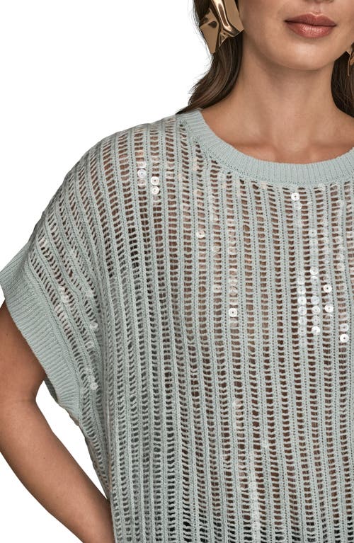 Donna Karan New York Sequin Open Stitch Short Sleeve Sweater In Gray
