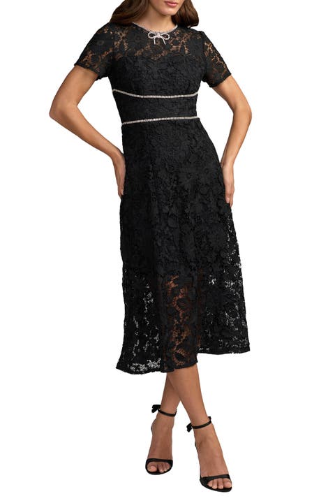 Short Sleeve Lace Midi Dress With Rhinestone Trim