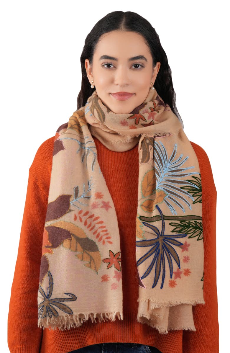 Vismaya Embroidered Wool Fringe Scarf, Alternate, color, Champagne