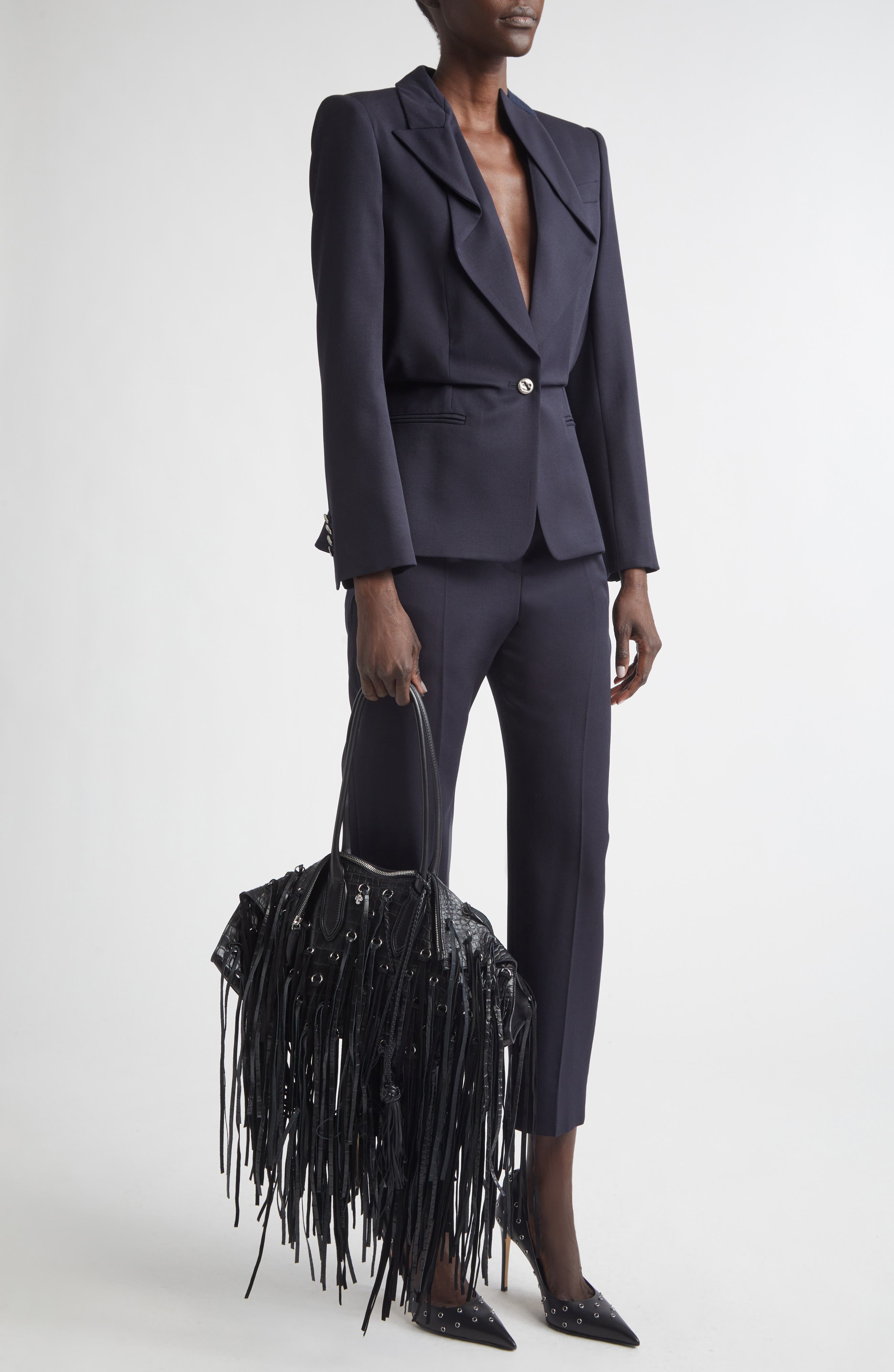 McQueen Manta Fringe Embellished Croc Embossed Leather Shoulder Bag, Alternate, color, Black/ Silver