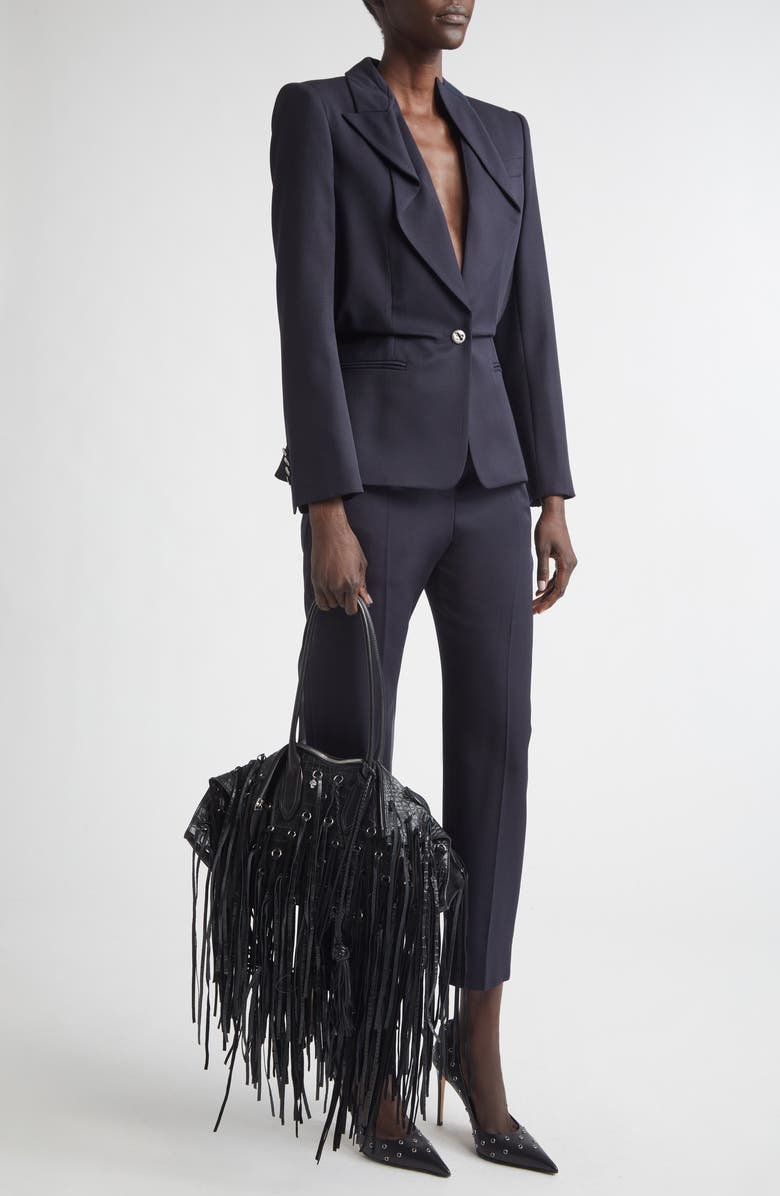 McQueen Manta Fringe Embellished Croc Embossed Leather Shoulder Bag, Alternate, color, Black/ Silver